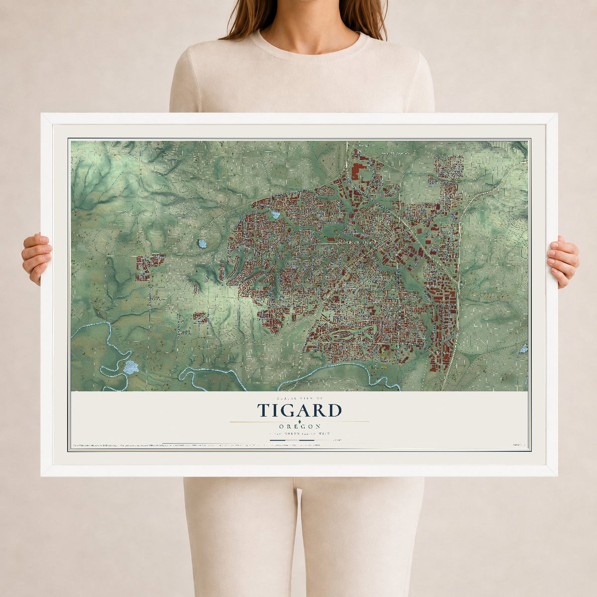 Map of Tigard, Oregon, 24 x 36 inch print in a white wood frame