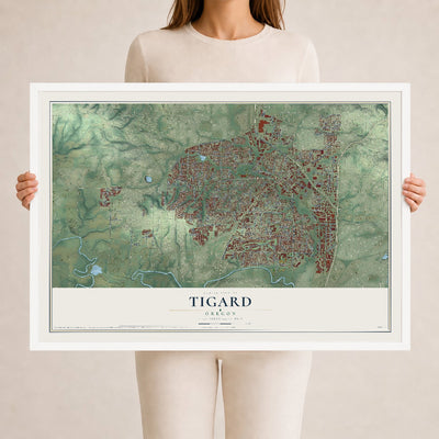 Map of Tigard, Oregon, 24 x 36 inch print in a white wood frame