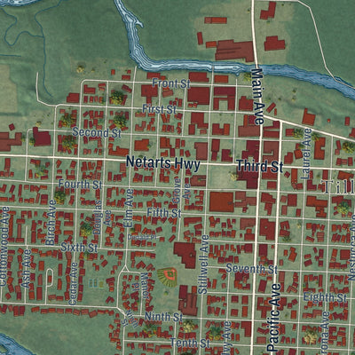 Close-up of the map of Tillamook, Oregon print showing street and building detail