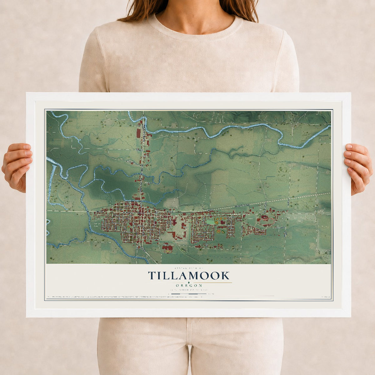 Map of Tillamook, Oregon, 12 x 18 inch print in a white wood frame