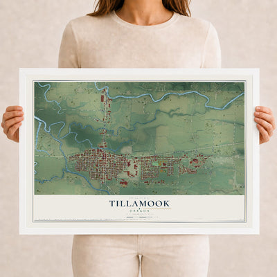 Map of Tillamook, Oregon, 12 x 18 inch print in a white wood frame