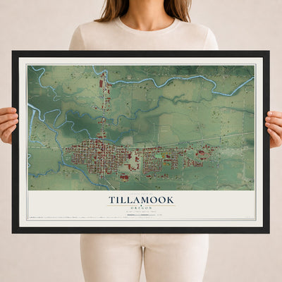 Map of Tillamook, Oregon, 18 x 24 inch print in a black wood frame