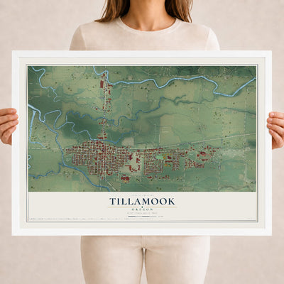Map of Tillamook, Oregon, 18 x 24 inch print in a white wood frame