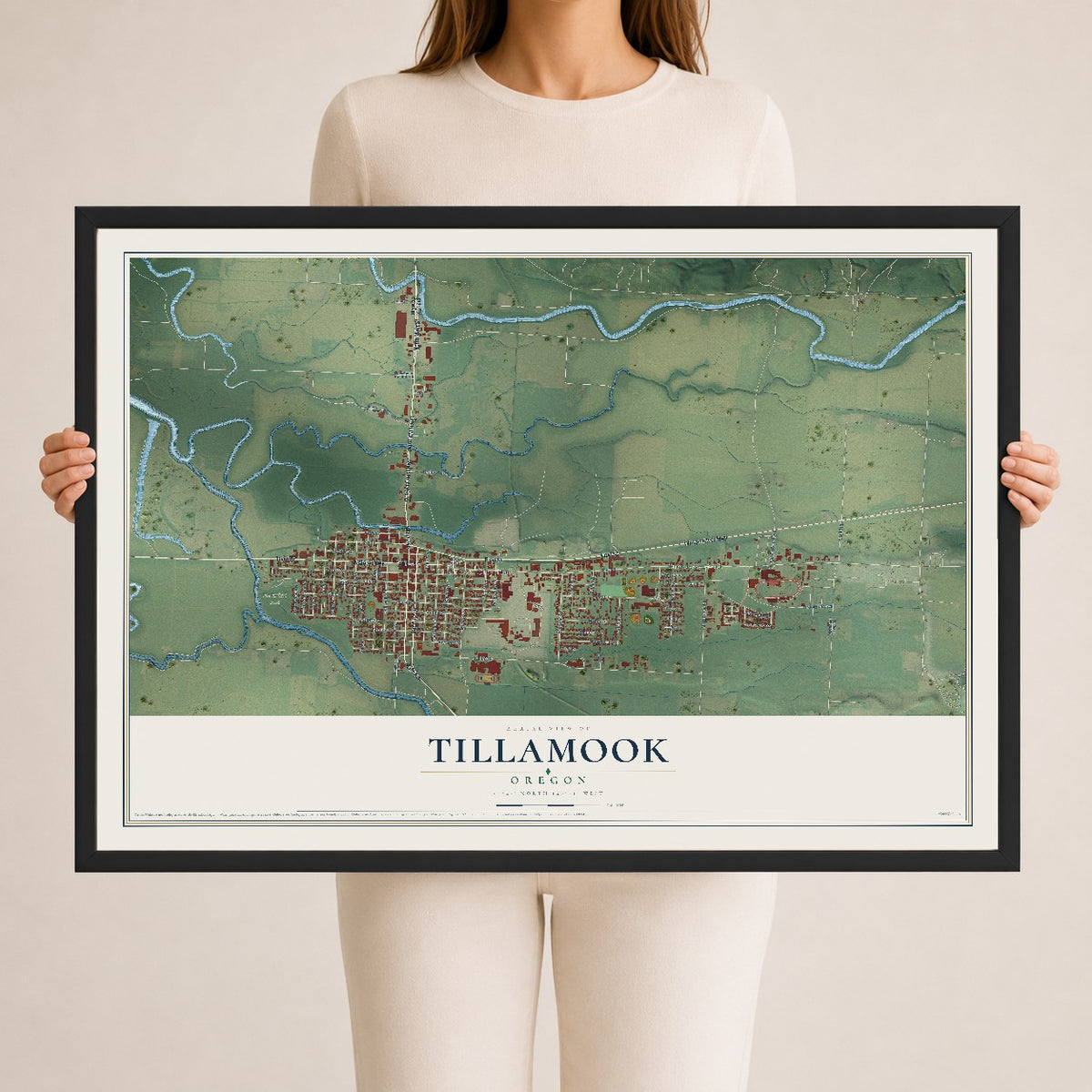 Map of Tillamook, Oregon, 24 x 36 inch print in a black wood frame