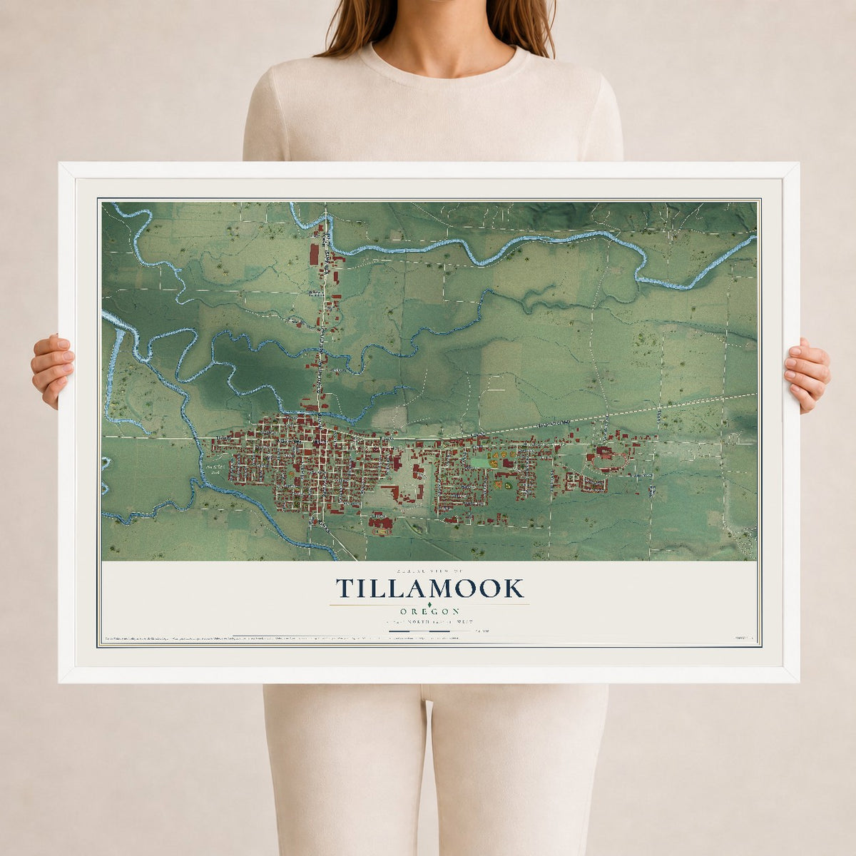 Map of Tillamook, Oregon, 24 x 36 inch print in a white wood frame