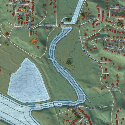 Second close-up of the map of Toledo, Oregon print showing more streets and buildings