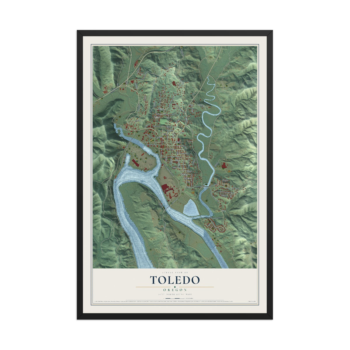 Map of Toledo, Oregon, 12 x 18 inch print in a black wood frame