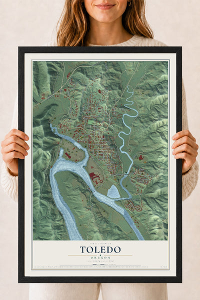 Map of Toledo, Oregon, 18 x 24 inch print in a black wood frame