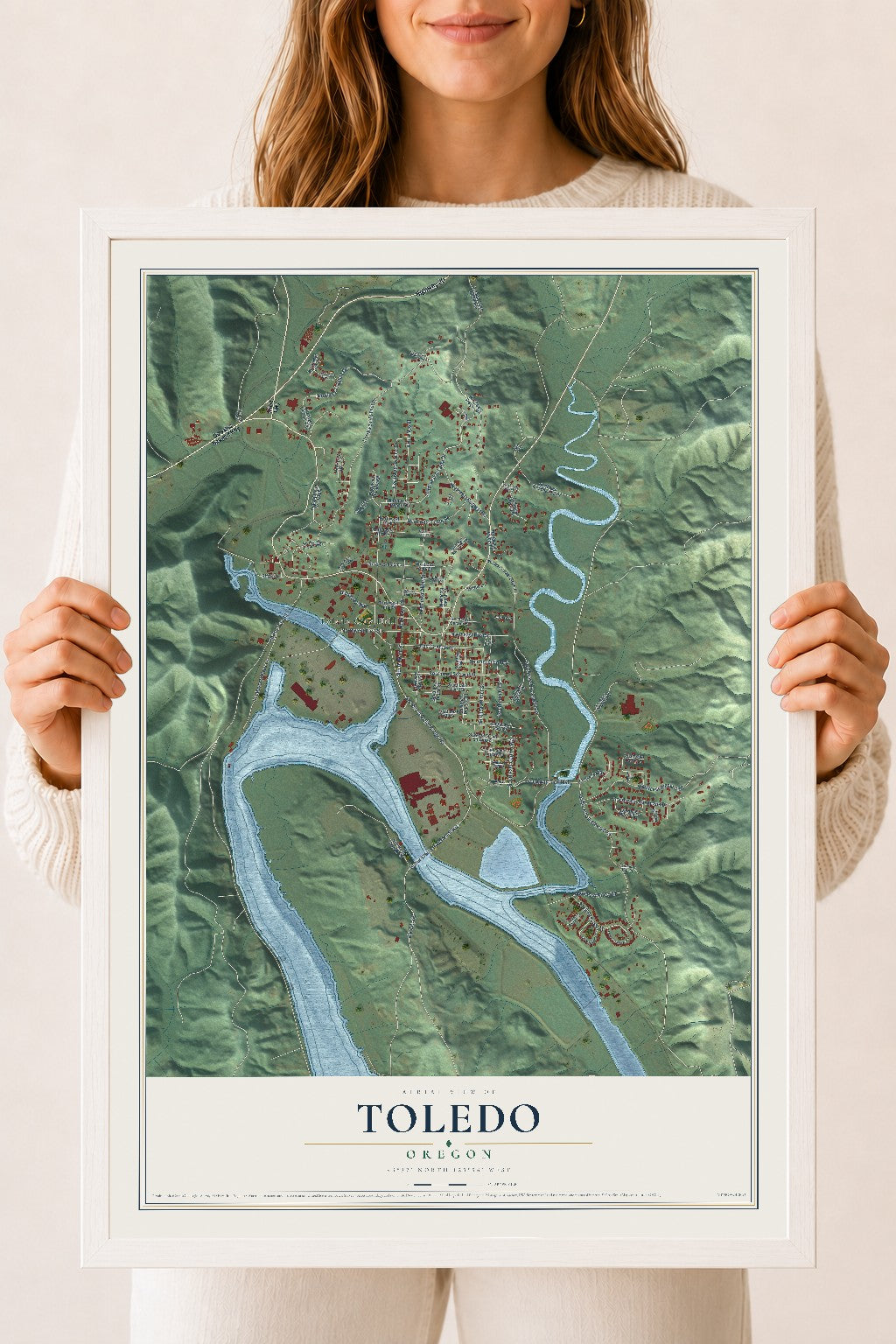 Map of Toledo, Oregon, 18 x 24 inch print in a white wood frame