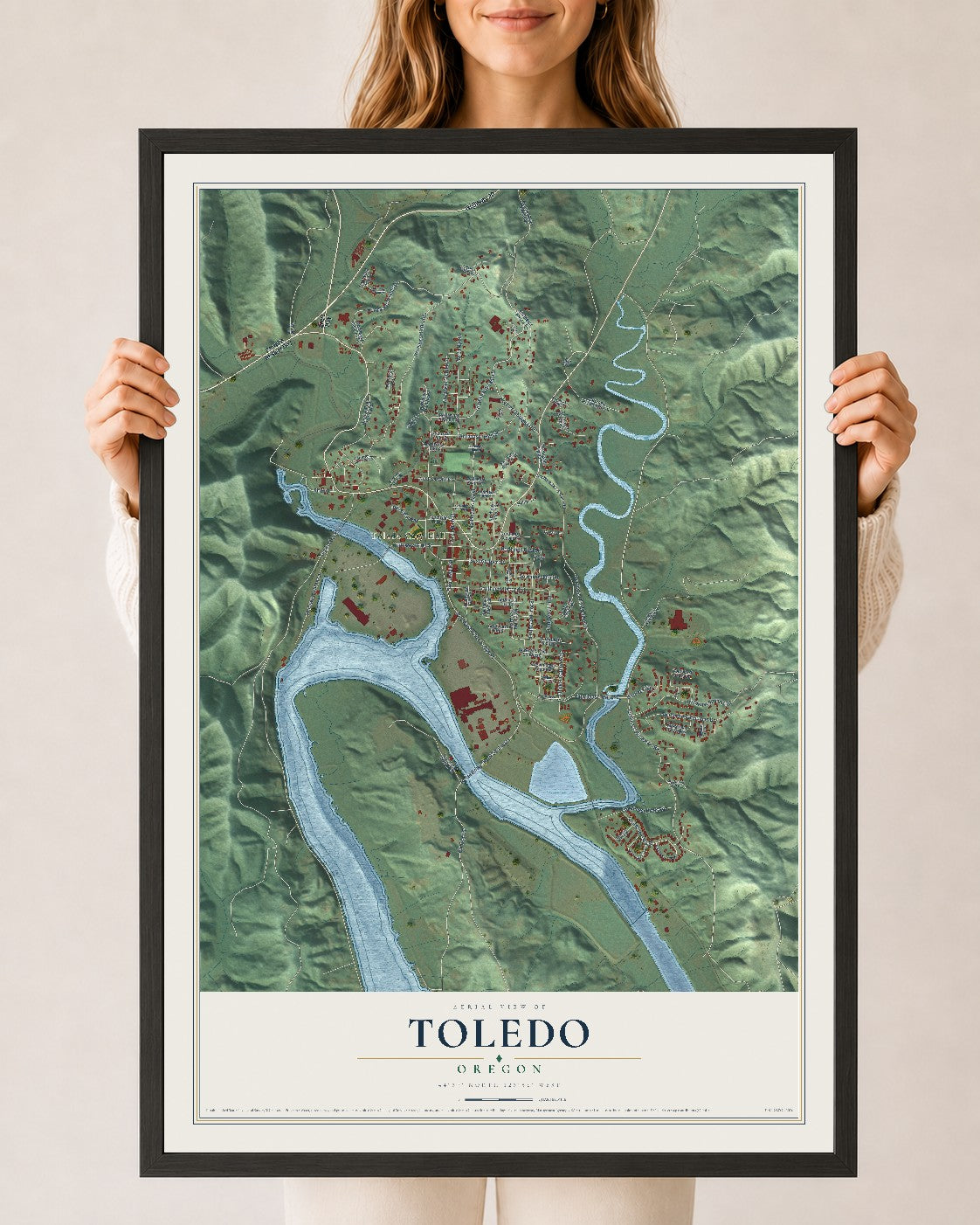 Map of Toledo, Oregon, 24 x 36 inch print in a black wood frame