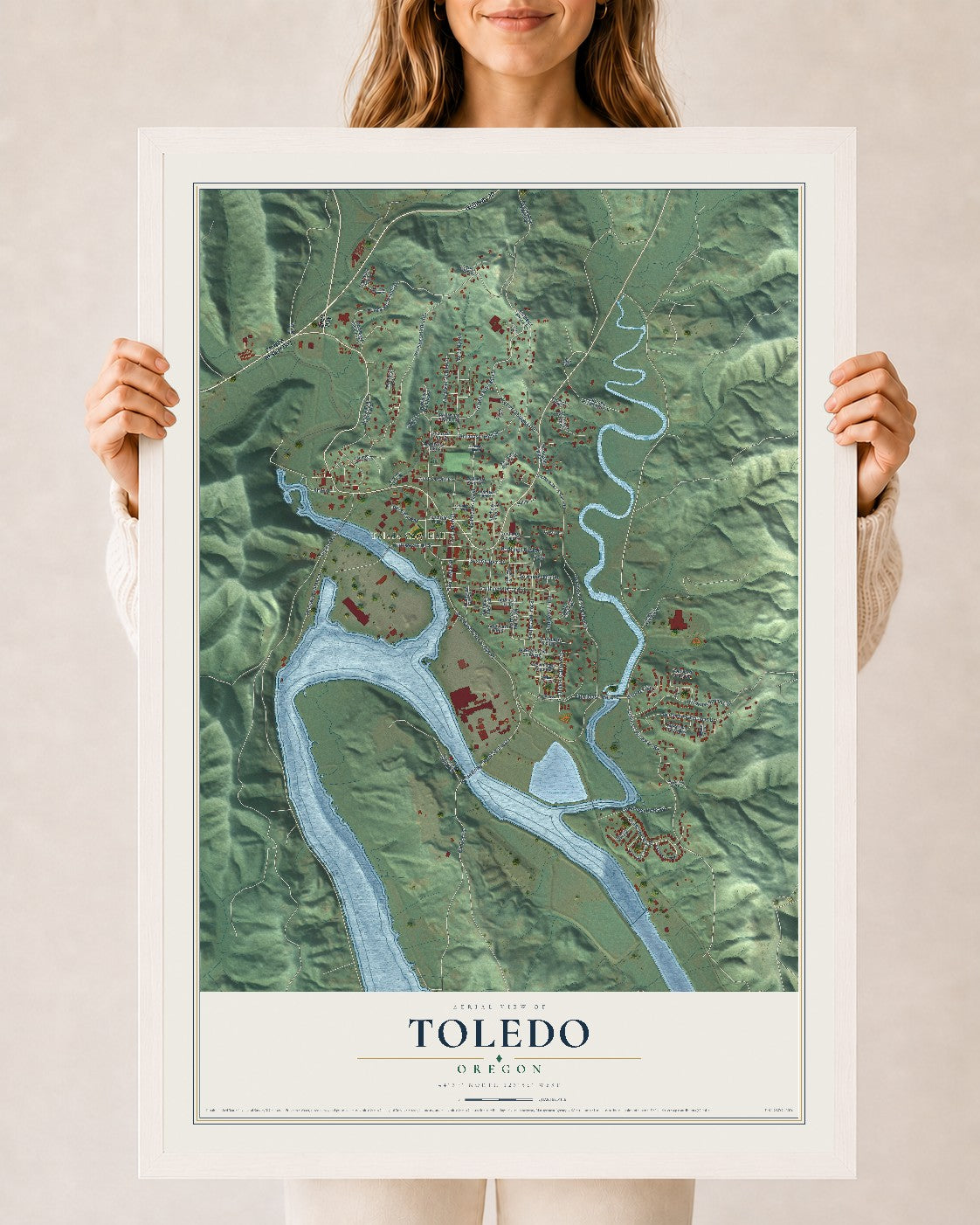 Map of Toledo, Oregon, 24 x 36 inch print in a white wood frame