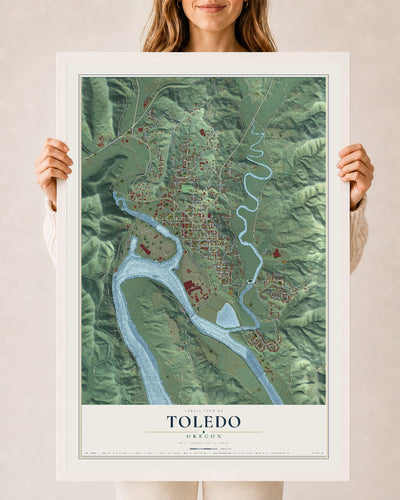 Map of Toledo, Oregon, 24 x 36 inch print in a white wood frame