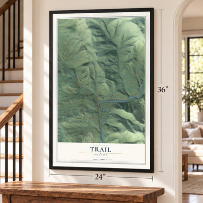 Trail, Oregon map, 24 x 36 inch print in a black frame by a staircase