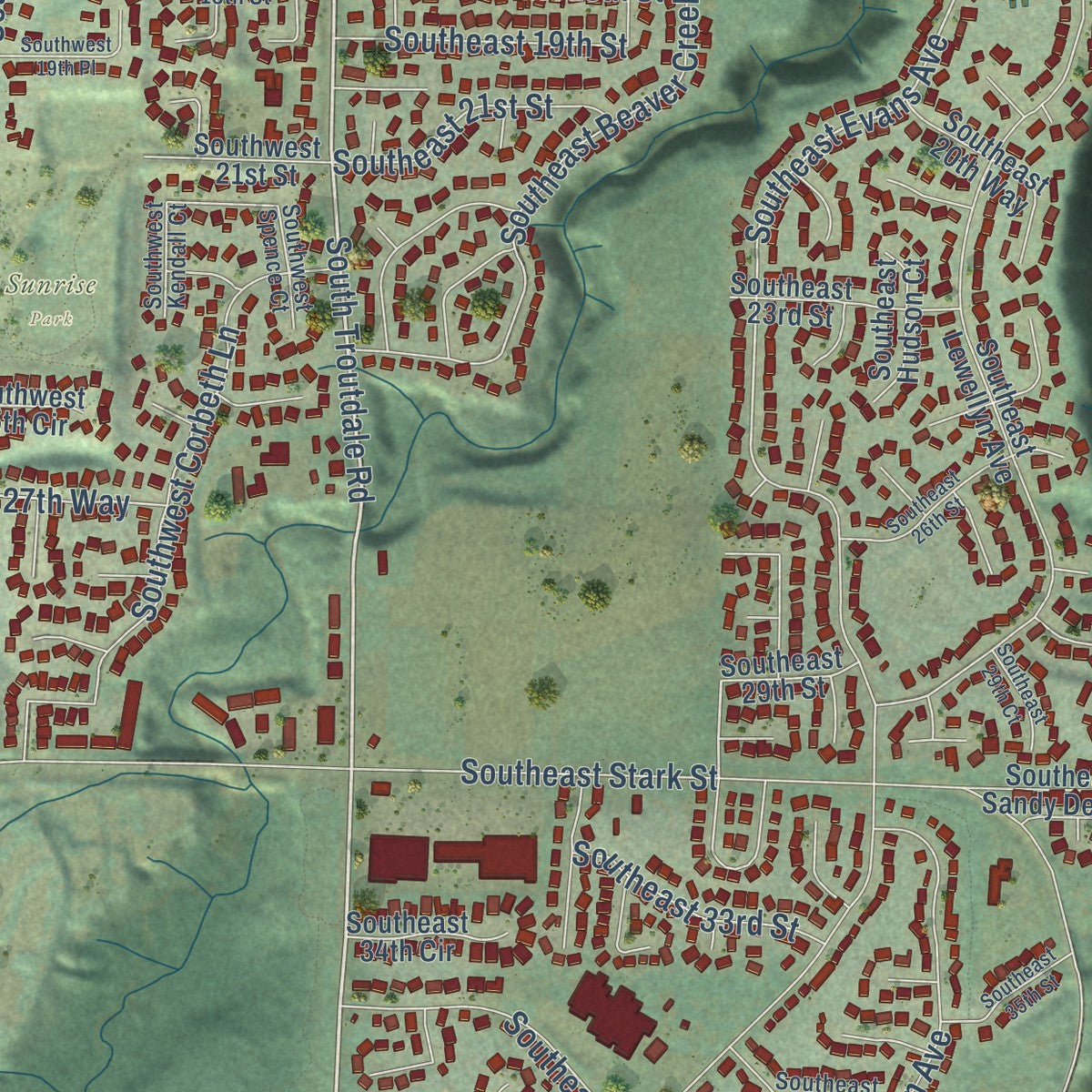 Second close-up of the map of Troutdale, Oregon print showing more streets and buildings