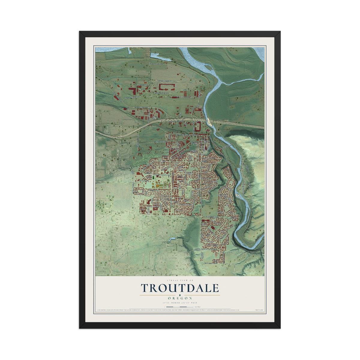 Map of Troutdale, Oregon, 12 x 18 inch print in a black wood frame