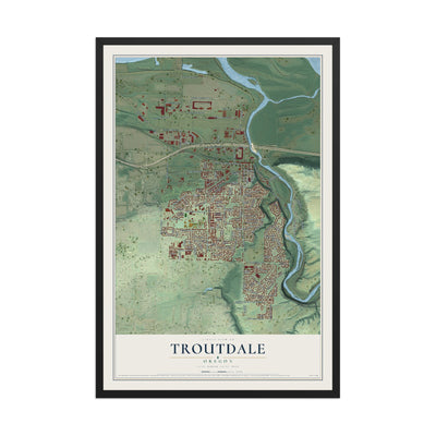 Map of Troutdale, Oregon, 12 x 18 inch print in a black wood frame