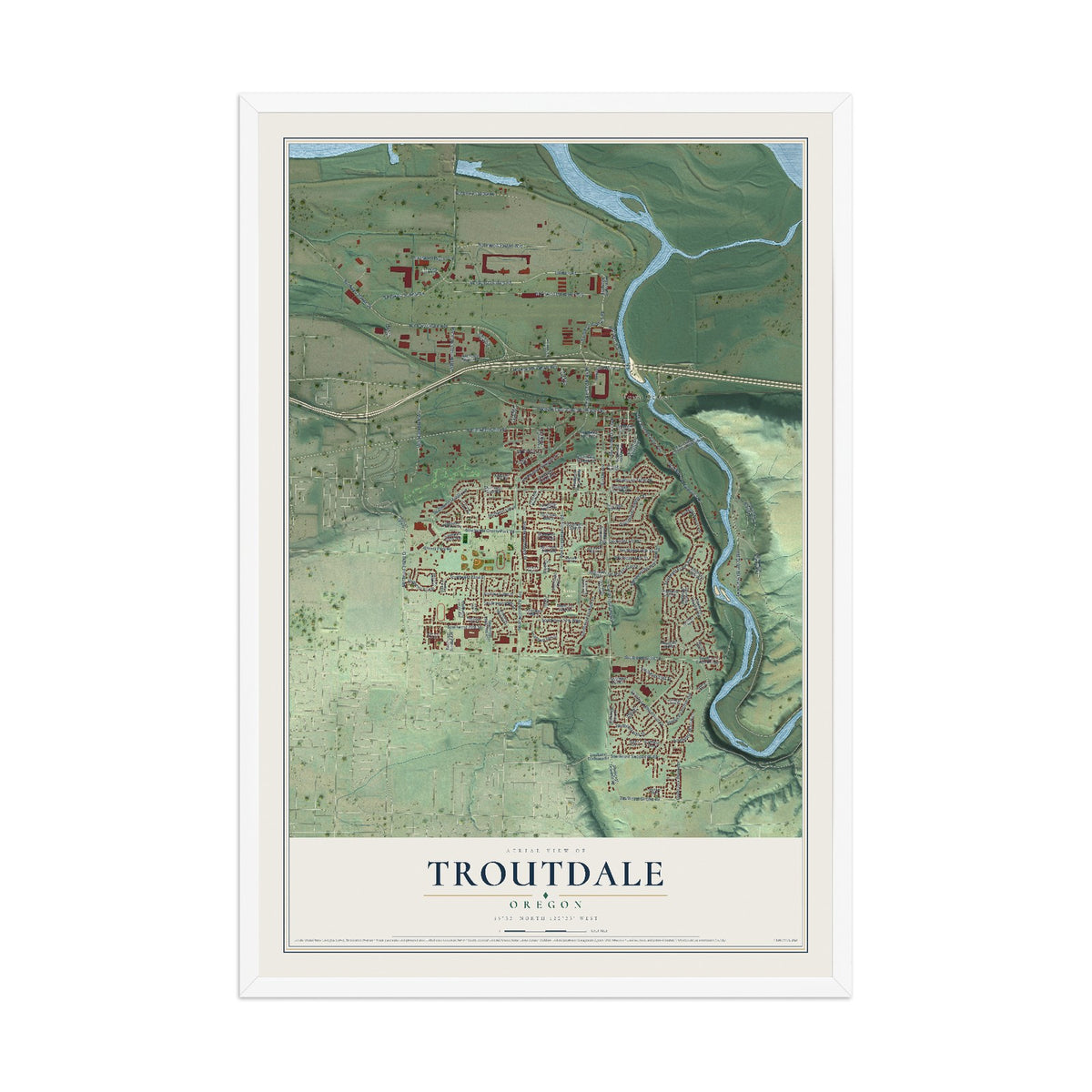 Map of Troutdale, Oregon, 12 x 18 inch print in a white wood frame