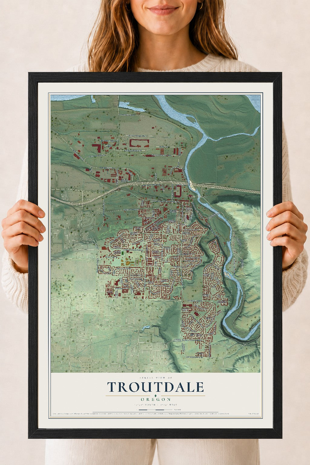 Map of Troutdale, Oregon, 18 x 24 inch print in a black wood frame