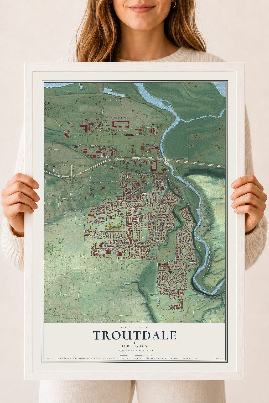 Map of Troutdale, Oregon, 18 x 24 inch print in a white wood frame