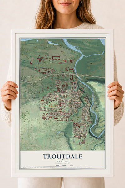 Map of Troutdale, Oregon, 18 x 24 inch print in a white wood frame