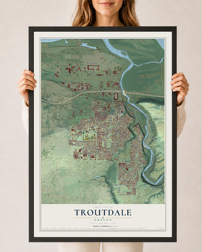 Map of Troutdale, Oregon, 24 x 36 inch print in a black wood frame