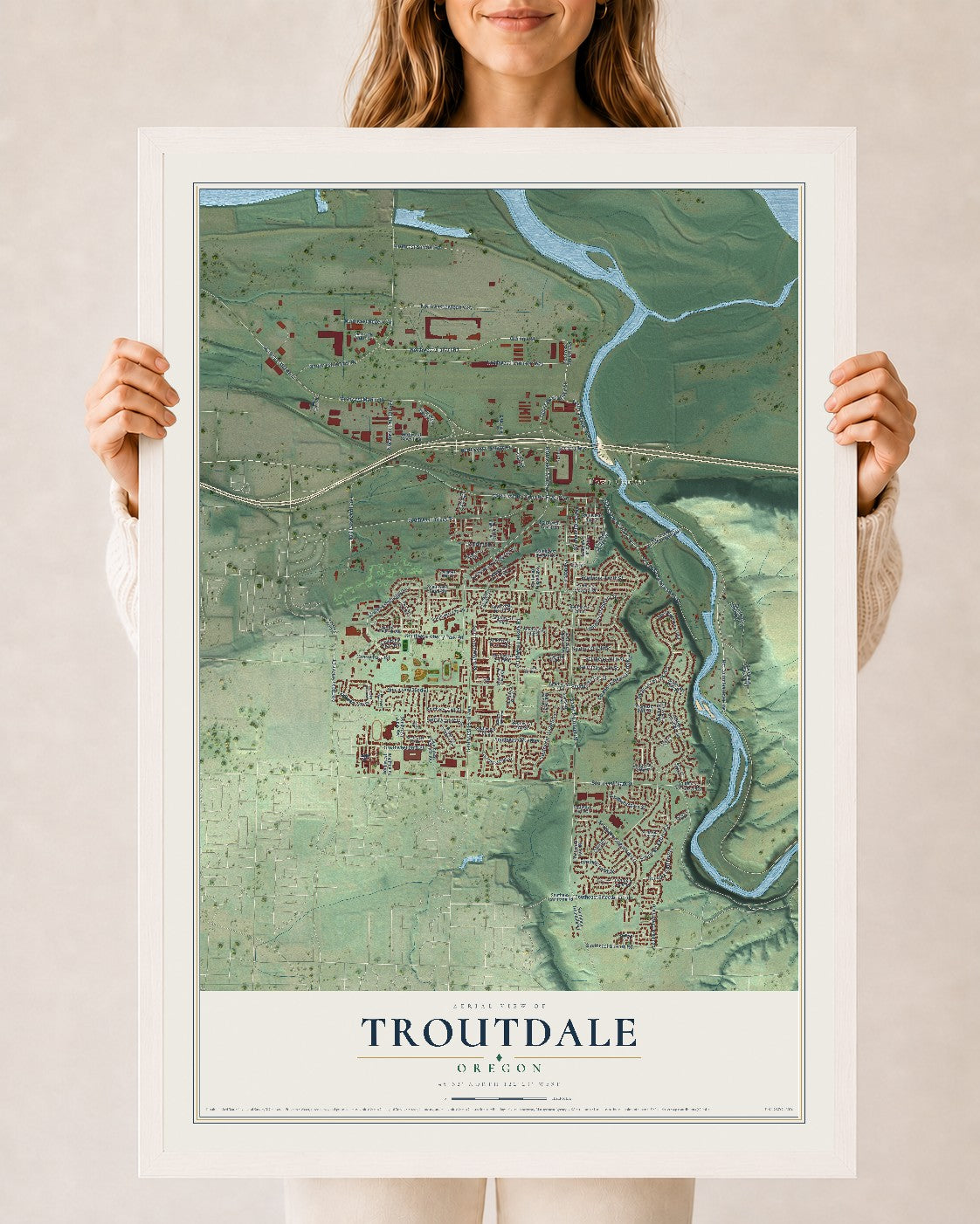 Map of Troutdale, Oregon, 24 x 36 inch print in a white wood frame