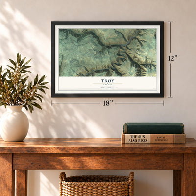 Troy, Oregon map, 12 x 18 inch print in a black frame in an entryway