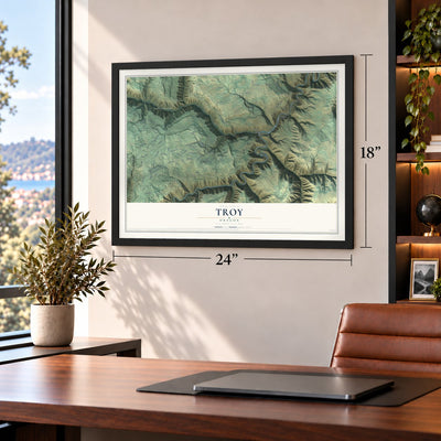 Troy, Oregon map, 18 x 24 inch print in a black frame in a home office