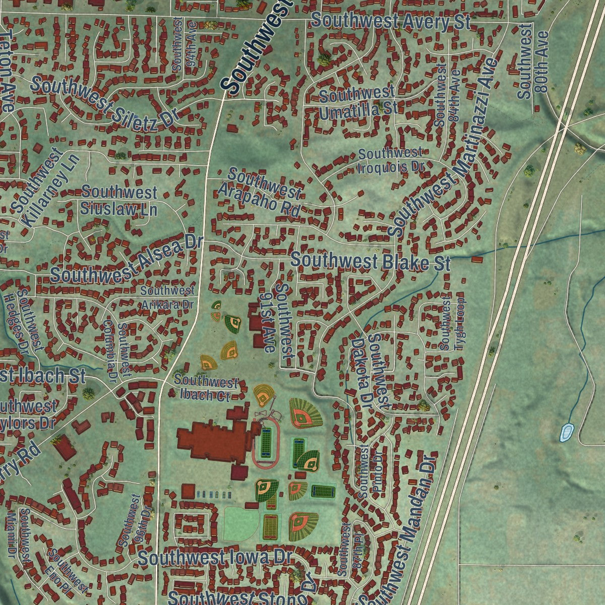 Close-up of the map of Tualatin, Oregon print showing street and building detail