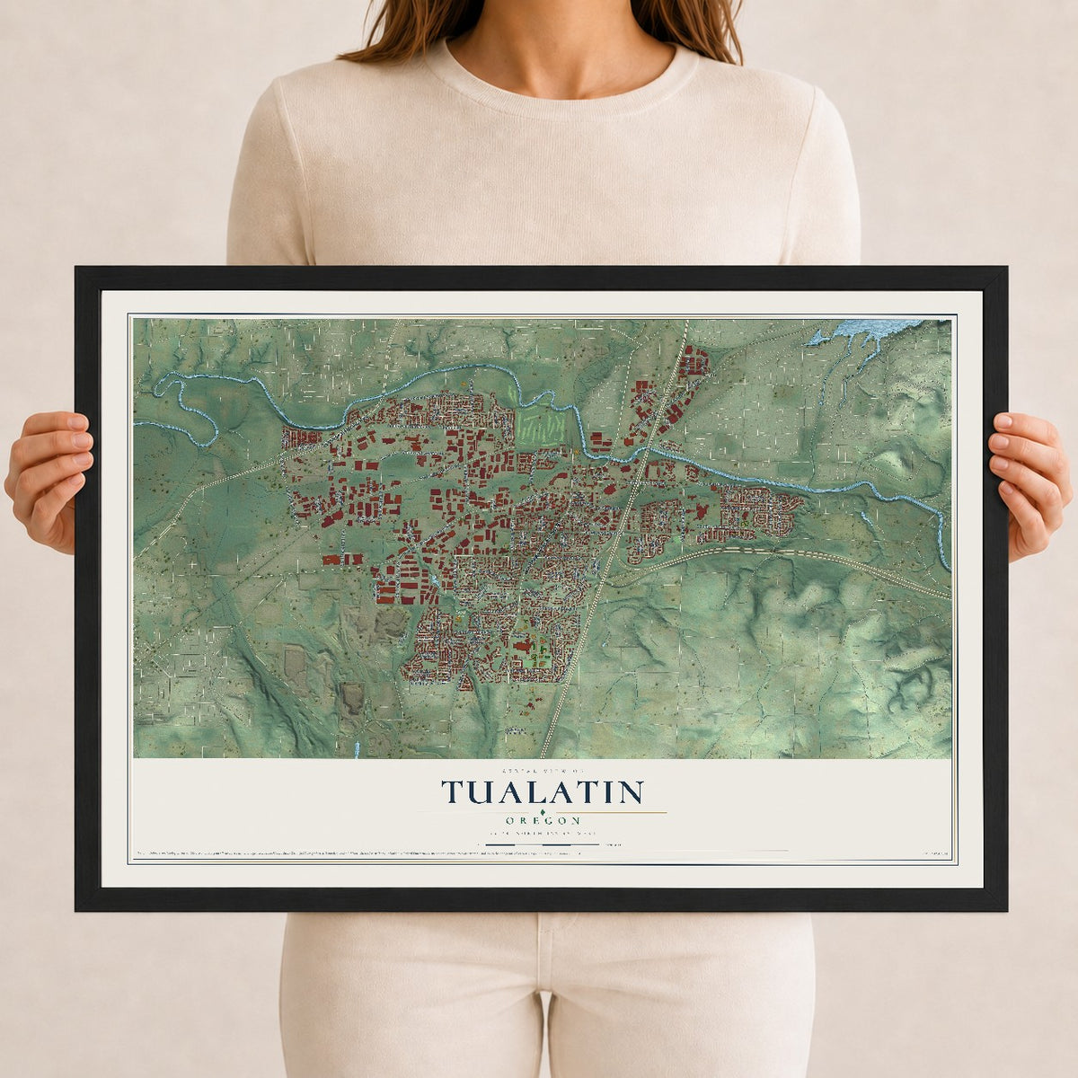 Map of Tualatin, Oregon, 12 x 18 inch print in a black wood frame