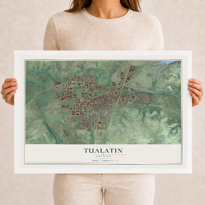 Map of Tualatin, Oregon, 12 x 18 inch print in a white wood frame