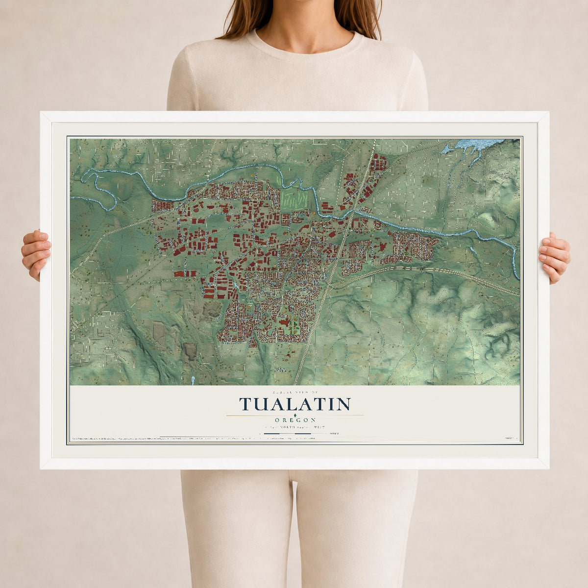 Map of Tualatin, Oregon, 24 x 36 inch print in a white wood frame