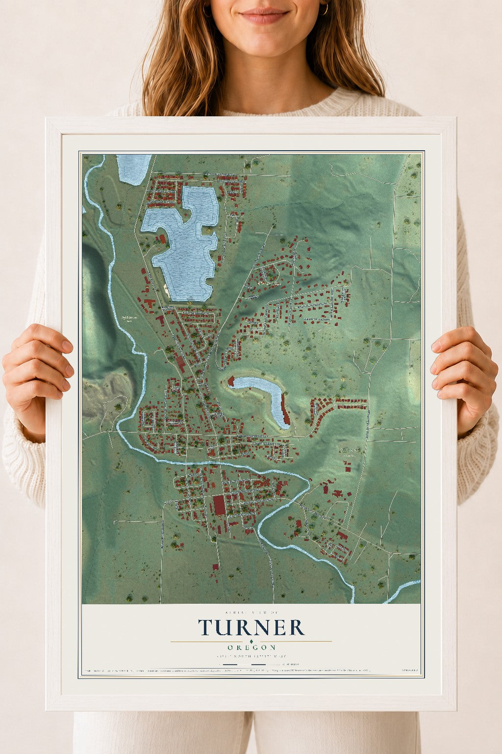 Map of Turner, Oregon, 18 x 24 inch print in a white wood frame