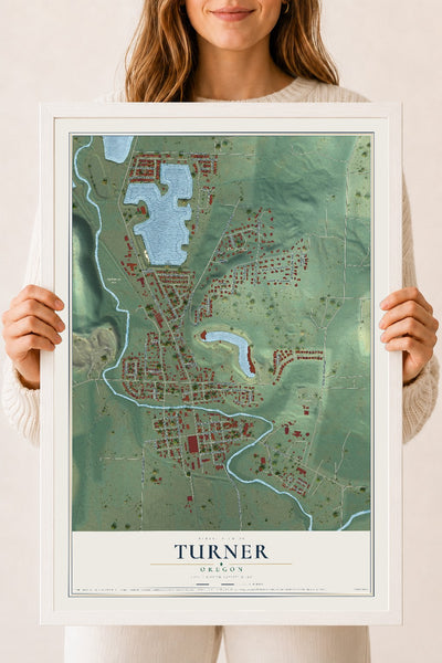 Map of Turner, Oregon, 18 x 24 inch print in a white wood frame