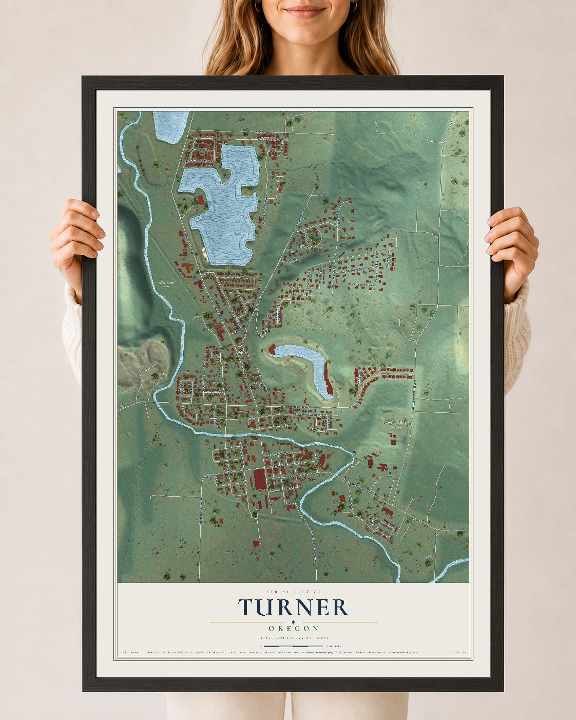 Map of Turner, Oregon, 24 x 36 inch print in a black wood frame