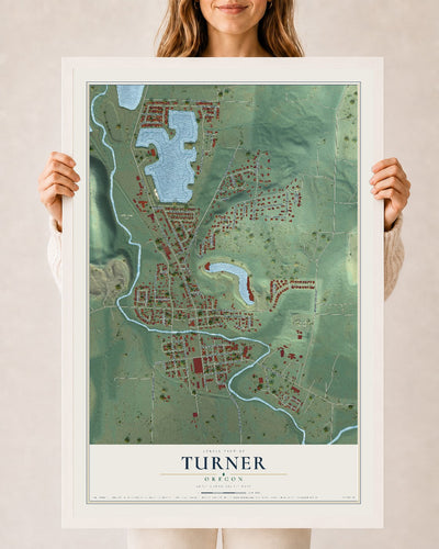 Map of Turner, Oregon, 24 x 36 inch print in a white wood frame