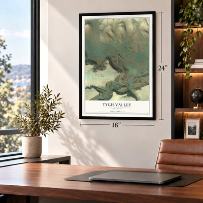 Tygh Valley, Oregon map, 18 x 24 inch print in a black frame in a home office