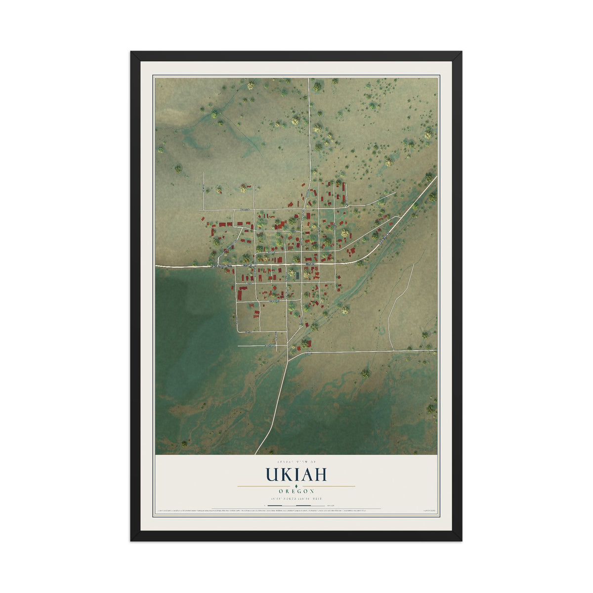 Map of Ukiah, Oregon, 12 x 18 inch print in a black wood frame