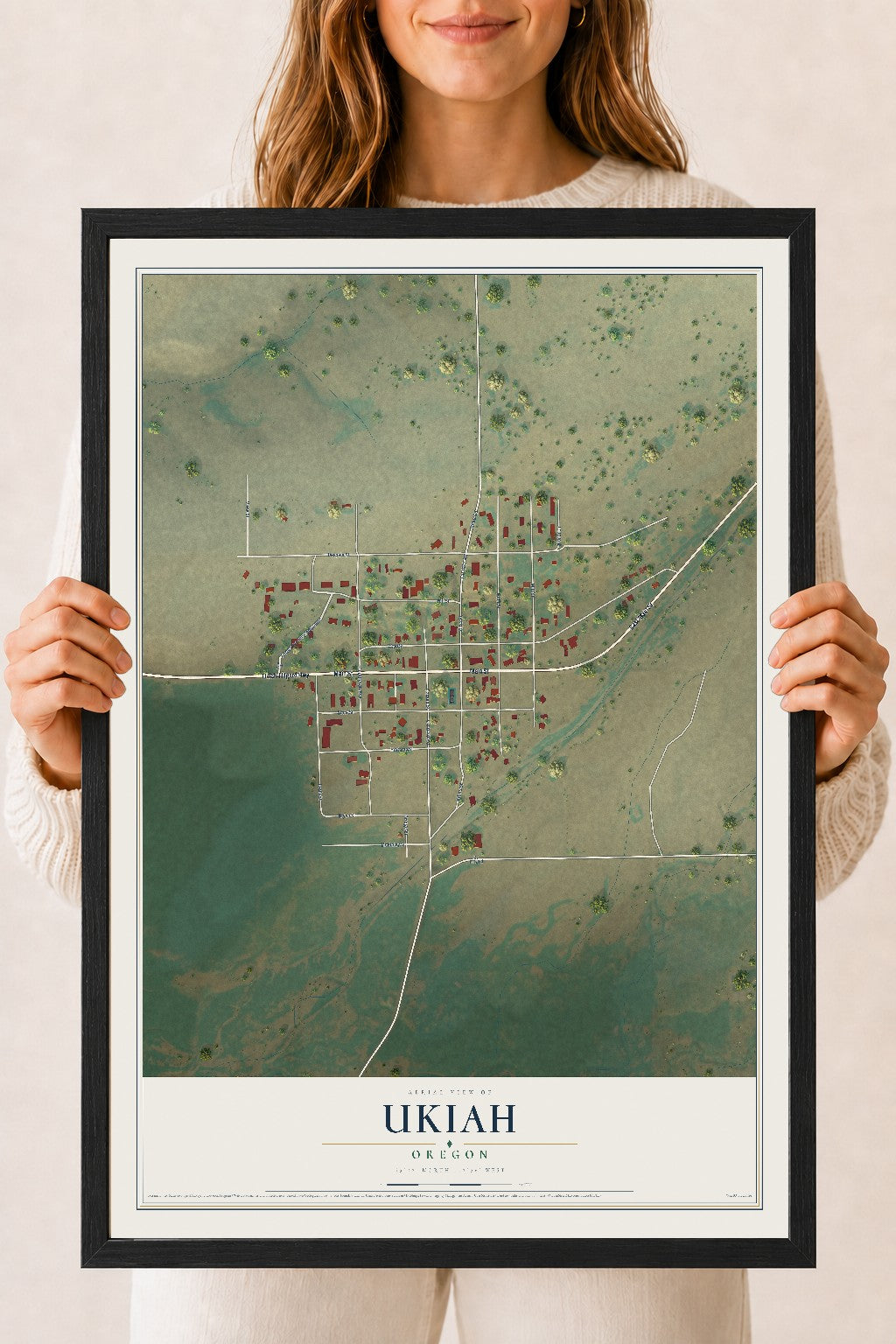 Map of Ukiah, Oregon, 18 x 24 inch print in a black wood frame