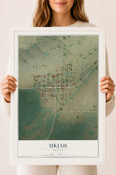 Map of Ukiah, Oregon, 18 x 24 inch print in a white wood frame