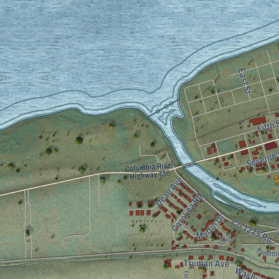 Second close-up of the map of Umatilla, Oregon print showing more streets and buildings