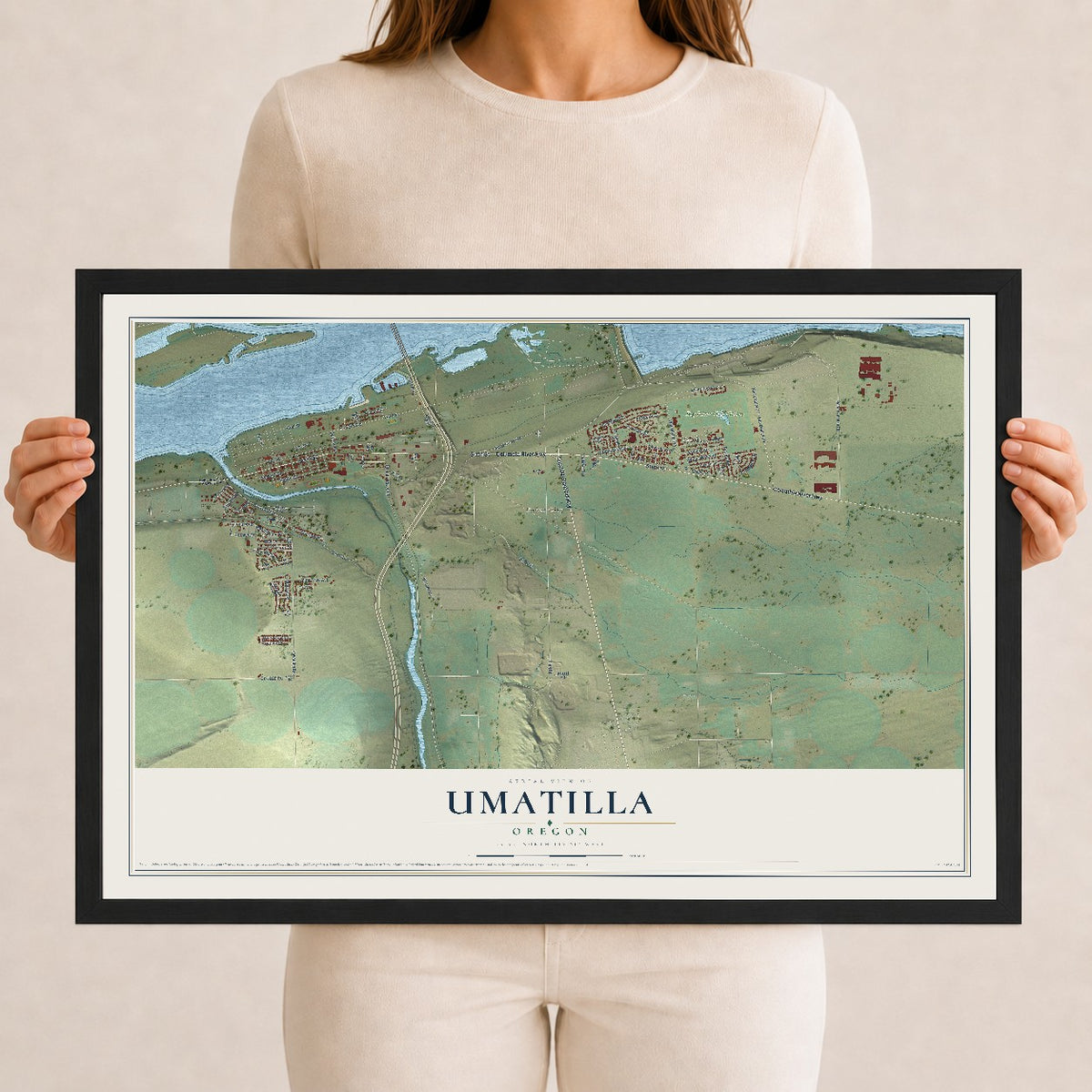 Map of Umatilla, Oregon, 12 x 18 inch print in a black wood frame