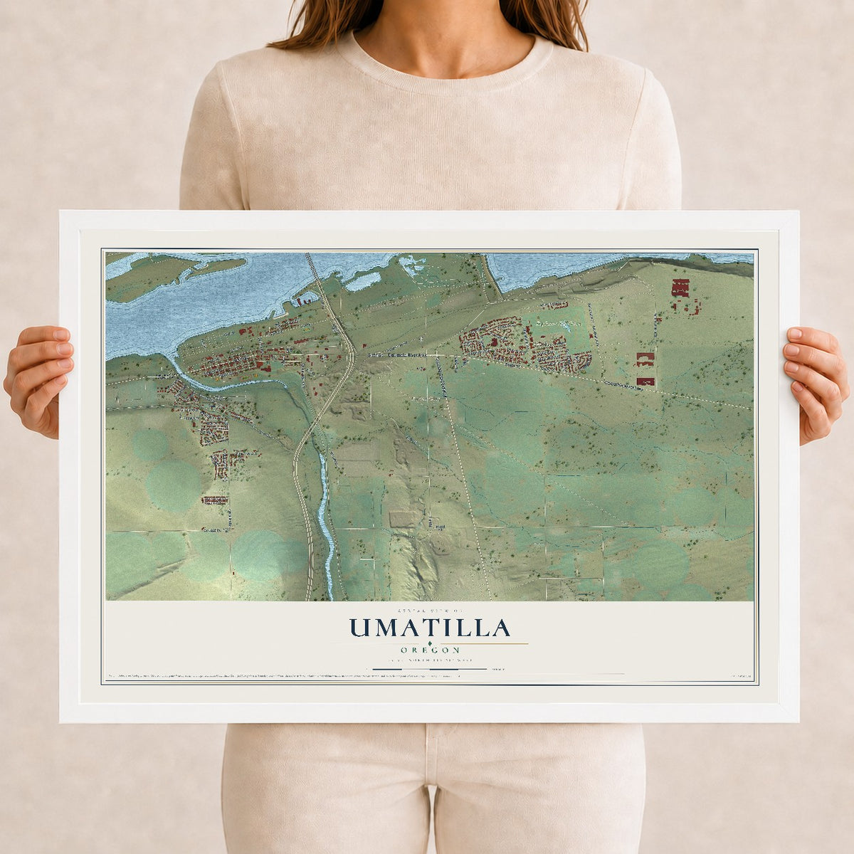 Map of Umatilla, Oregon, 12 x 18 inch print in a white wood frame