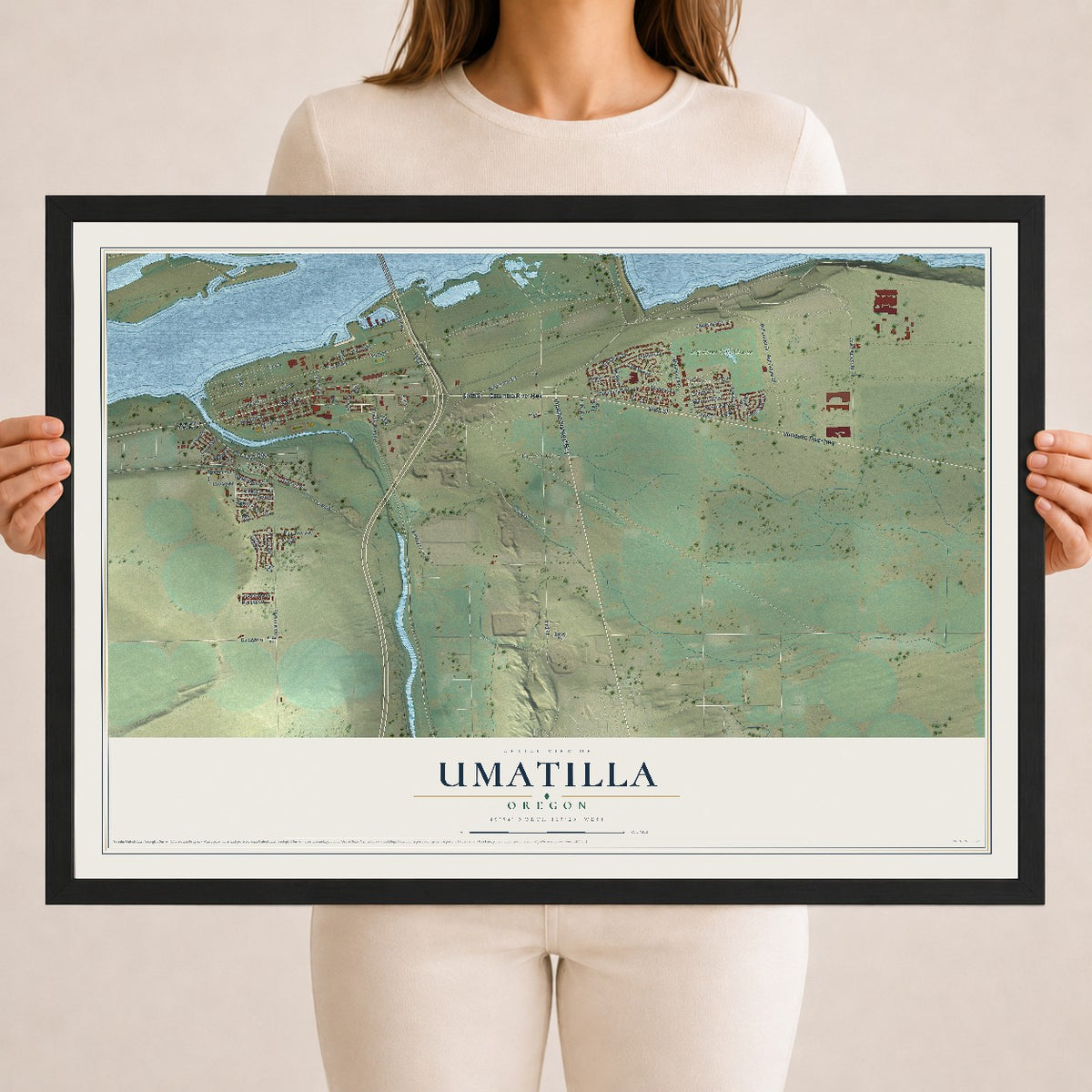 Map of Umatilla, Oregon, 18 x 24 inch print in a black wood frame
