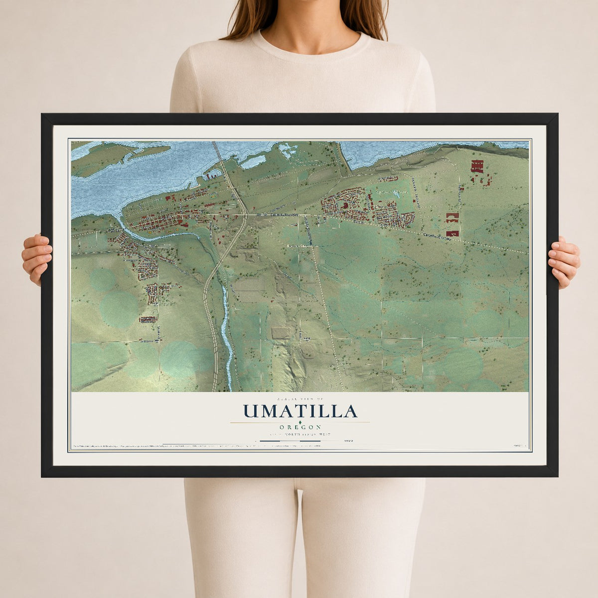 Map of Umatilla, Oregon, 24 x 36 inch print in a black wood frame