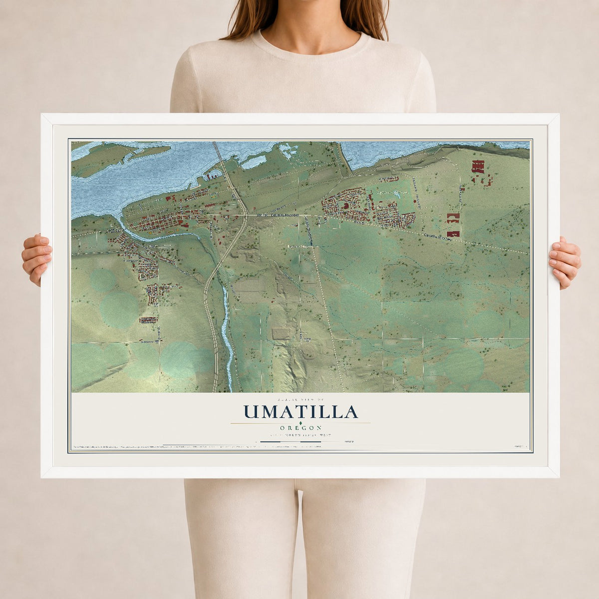 Map of Umatilla, Oregon, 24 x 36 inch print in a white wood frame