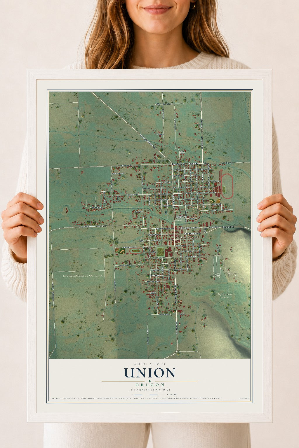 Map of Union, Oregon, 18 x 24 inch print in a white wood frame