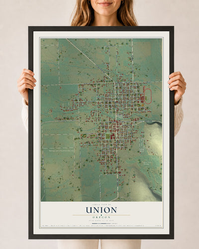 Map of Union, Oregon, 24 x 36 inch print in a black wood frame