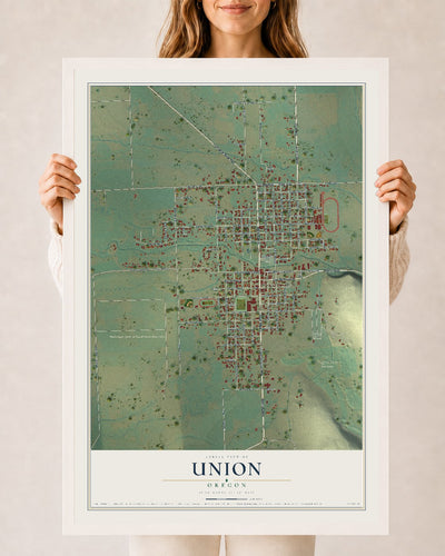 Map of Union, Oregon, 24 x 36 inch print in a white wood frame