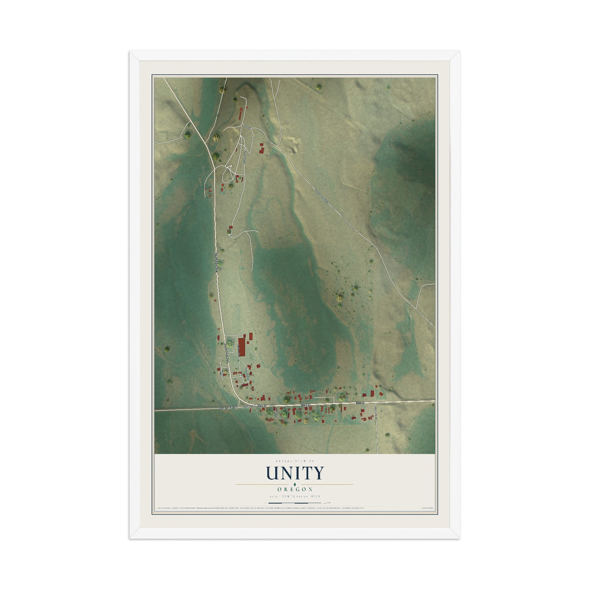 Map of Unity, Oregon, 12 x 18 inch print in a white wood frame
